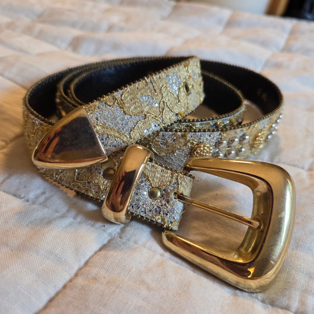 Vintage Sparkle Lace Studded Belt Womens 2XL Gold Silver Glitter Western Glam